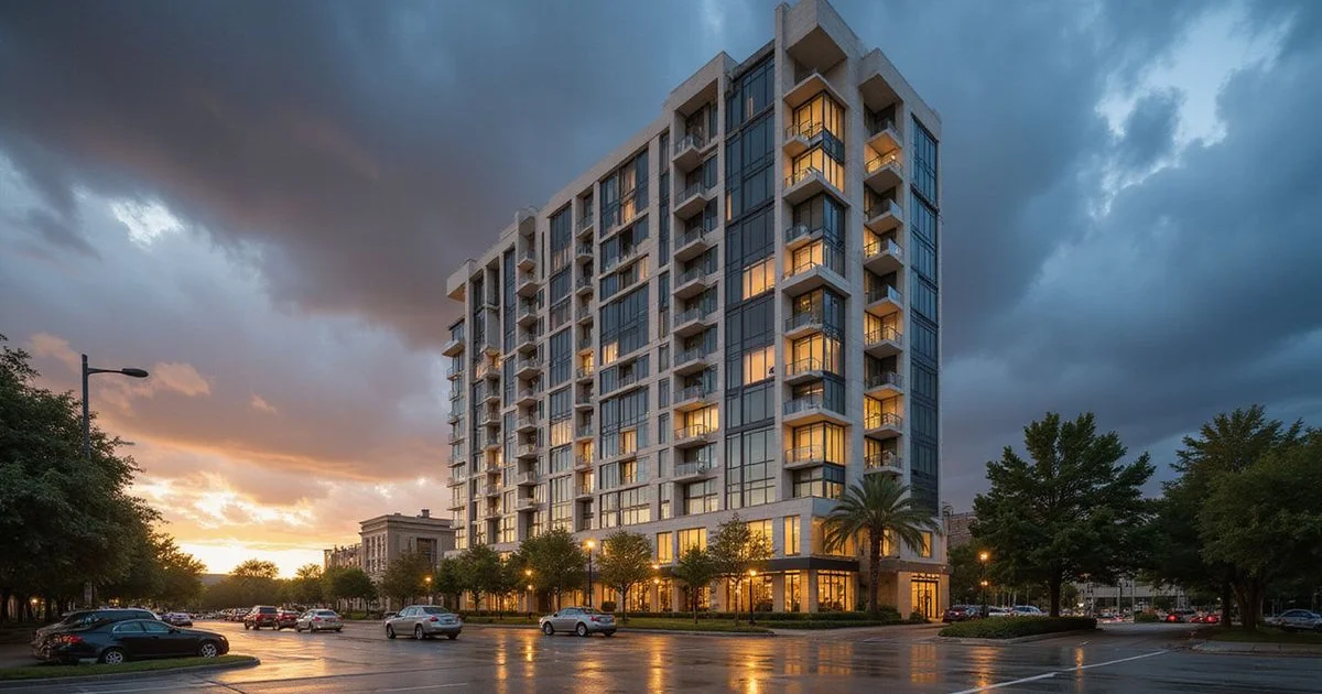 Houston high rise tower under dramatic clearing storm clouds at golden hour, wet streets