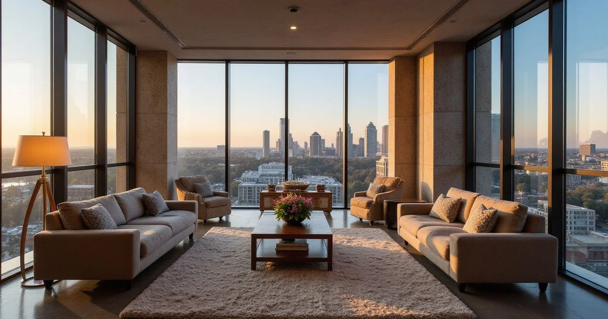Houston skyline on a clear winter evening from a high rise living room
