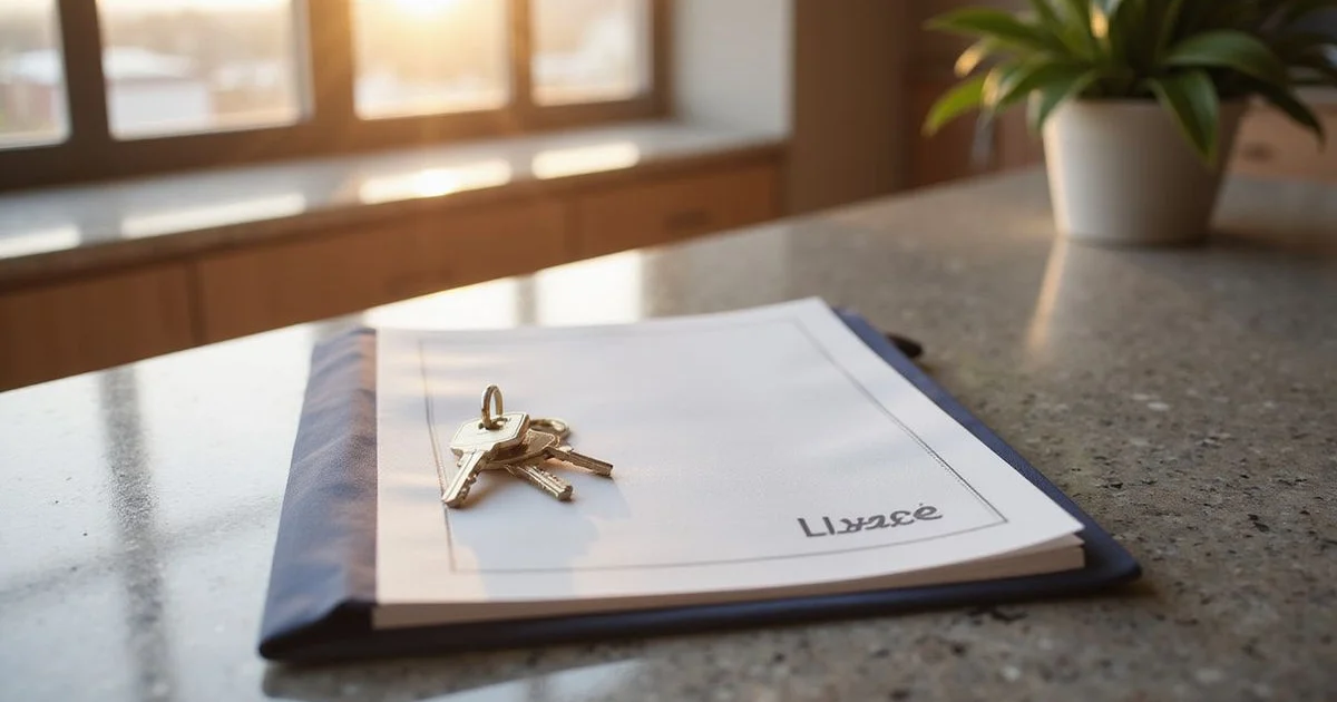 Keys and lease folder on a stone countertop in a new Houston high rise kitchen, golden light