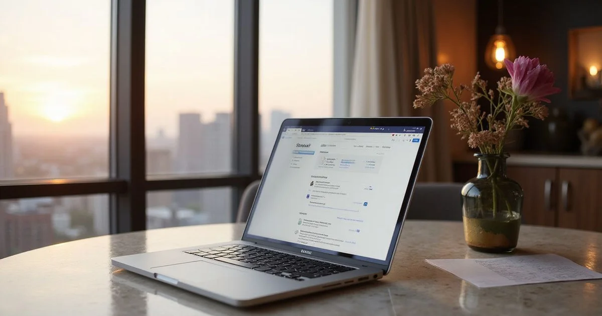 Laptop showing an online application on a dining table in a Houston high rise, soft light