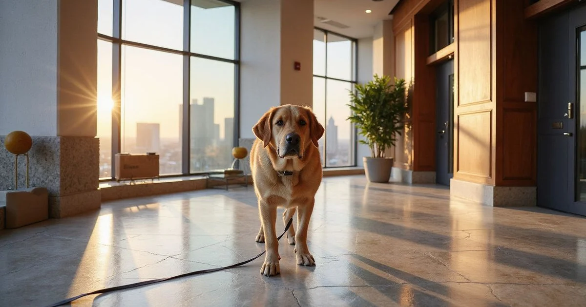 Large dog on a leash in a modern Houston high rise lobby, warm natural light