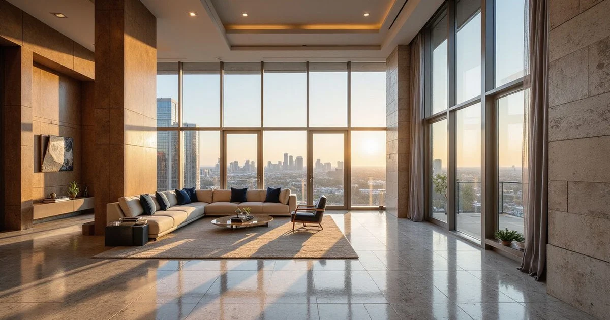 Large luxury high rise great room with stone floors and skyline view, golden hour