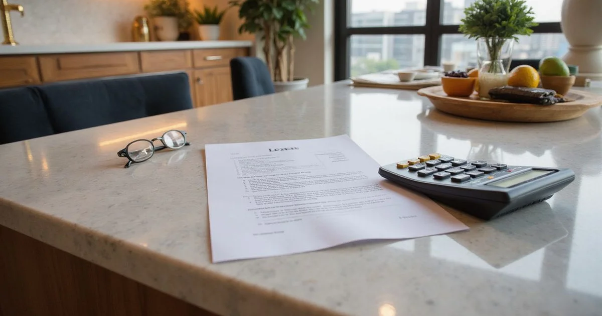 Lease documents and a calculator on a marble kitchen island in a Houston high rise, warm evening light