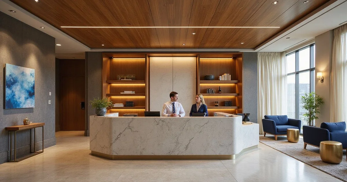 Leasing consultant desk in a Houston high rise amenity lounge, warm wood and stone, golden light