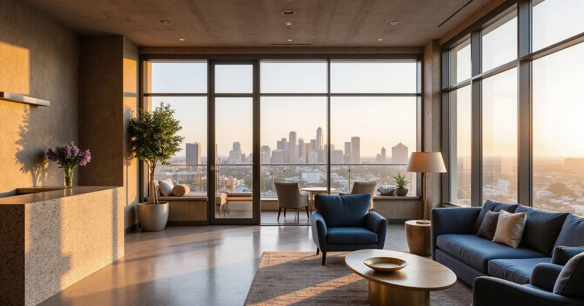 Leasing lounge in a Houston luxury high rise with skyline view, golden-hour light