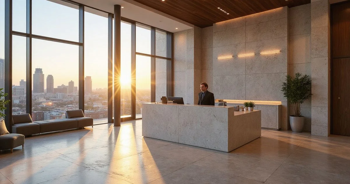 Leasing office in a Houston high rise lobby, polished stone desk, golden-hour light through tall windows