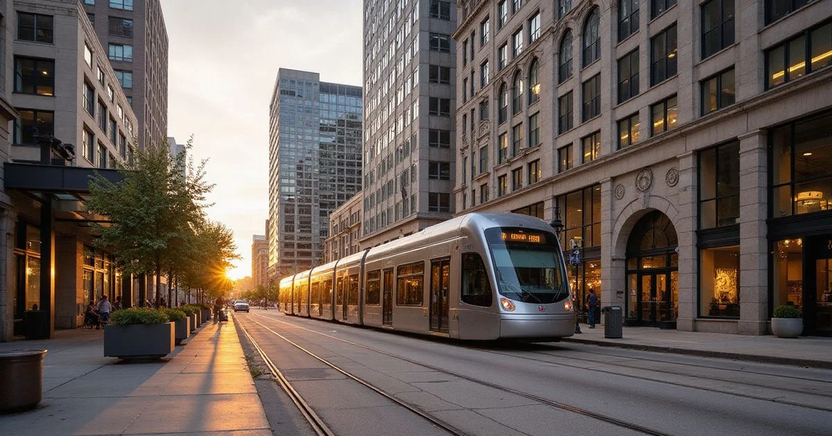 METRORail train on Main Street in Downtown Houston at golden hour