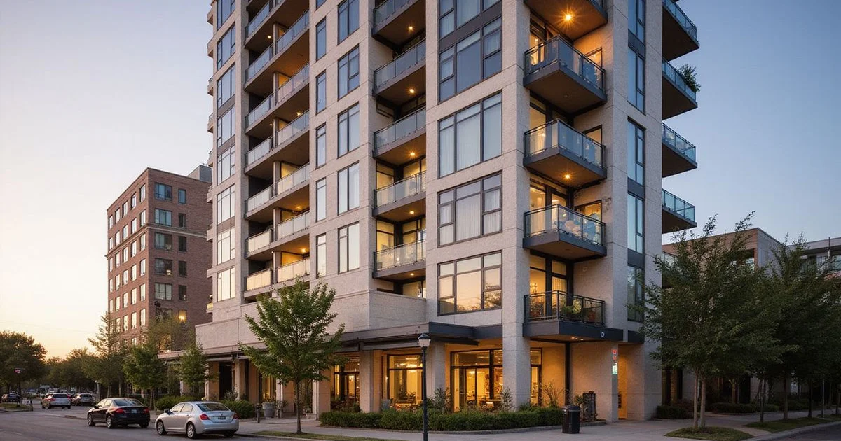 Mid-century Houston residential tower facade in golden-hour light