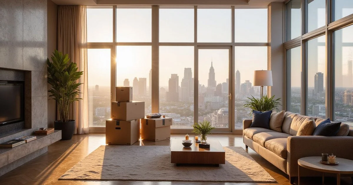 Moving boxes in a bright Houston high rise living room with skyline view, golden-hour light