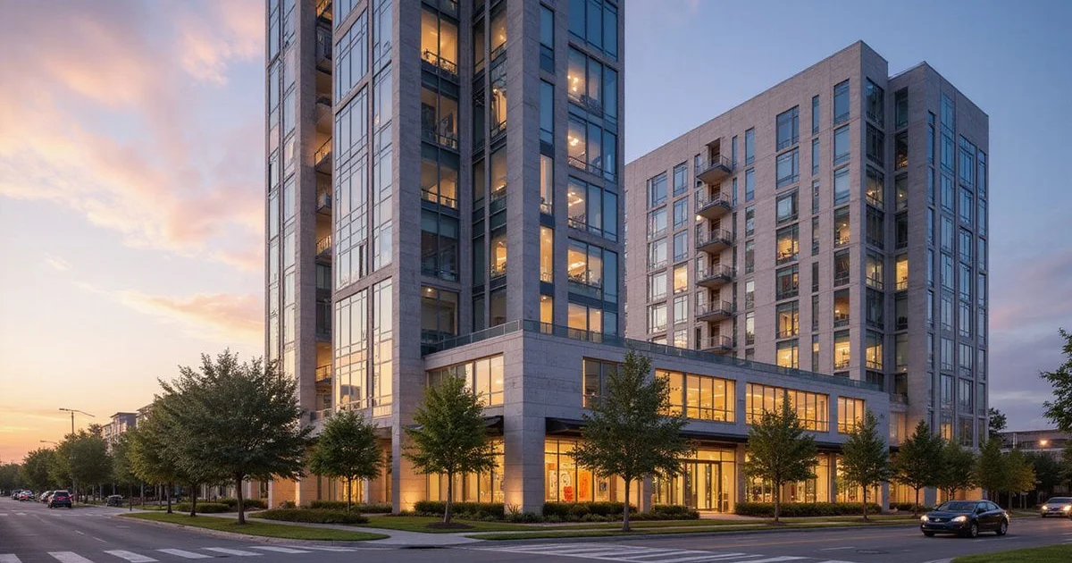 Newly completed Houston residential tower at golden hour with fresh landscaping
