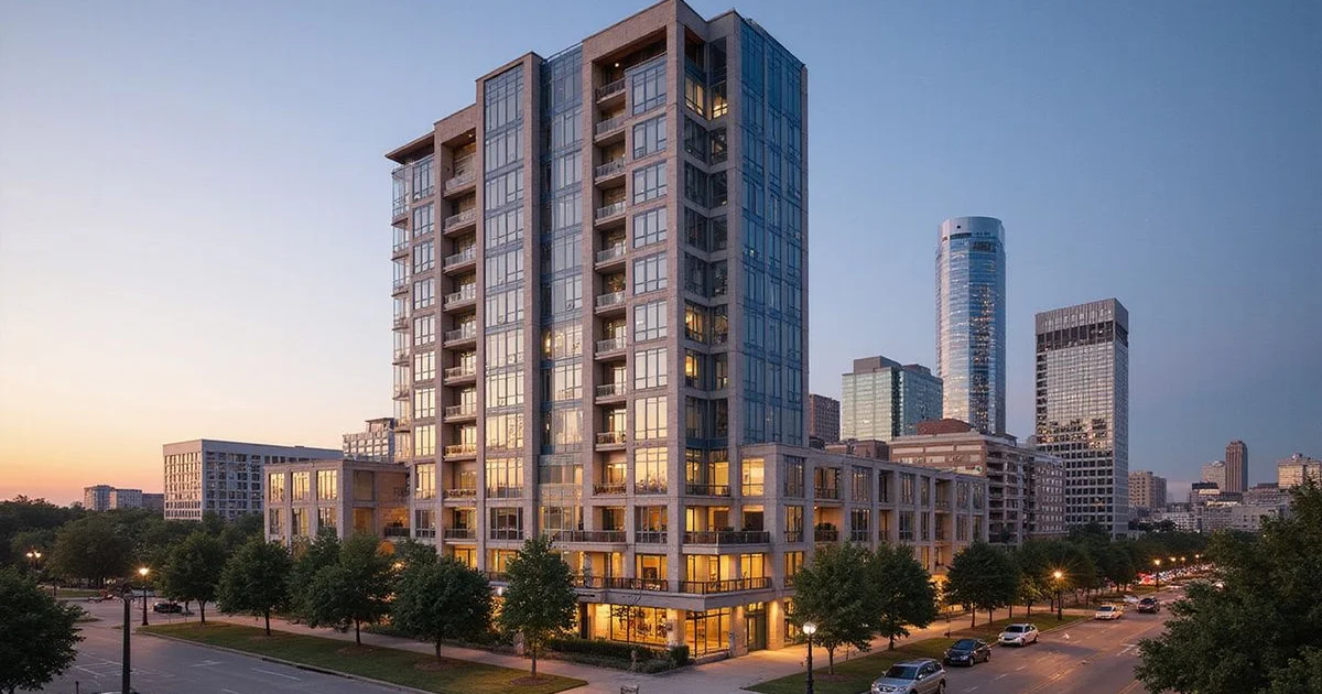 Newly delivered Houston residential tower at golden hour with leasing banners