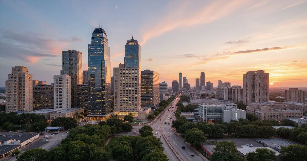 Panoramic Houston skyline at golden hour showing Downtown and Uptown towers
