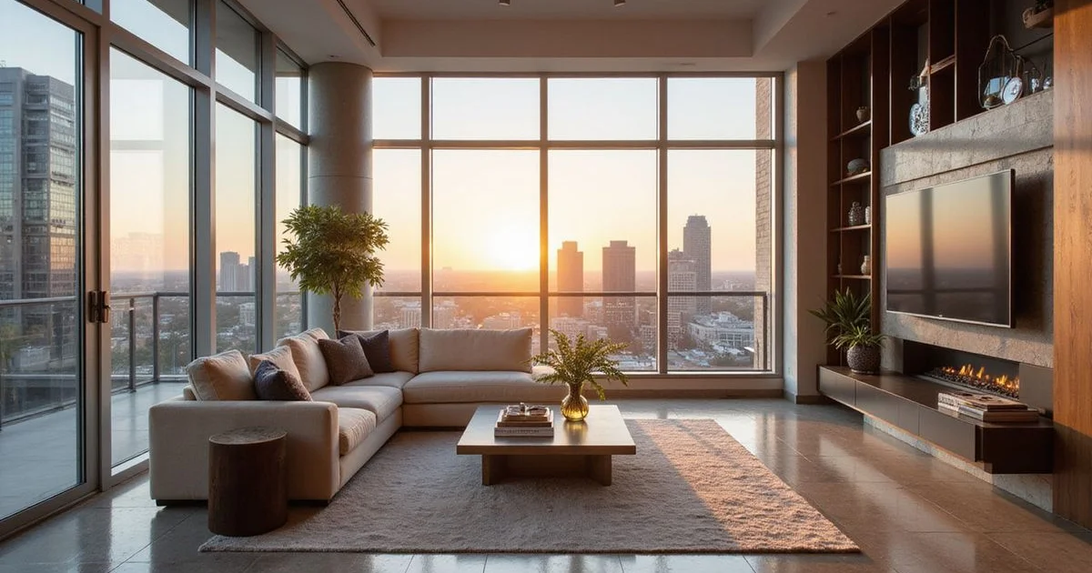 Penthouse living room with double-height windows over the Houston skyline at golden hour