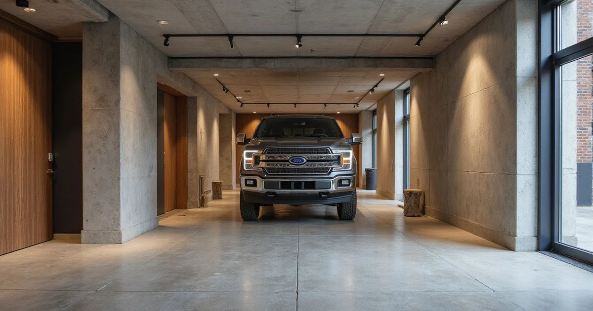 Pickup truck entering a high rise garage with clearance bar, soft daylight