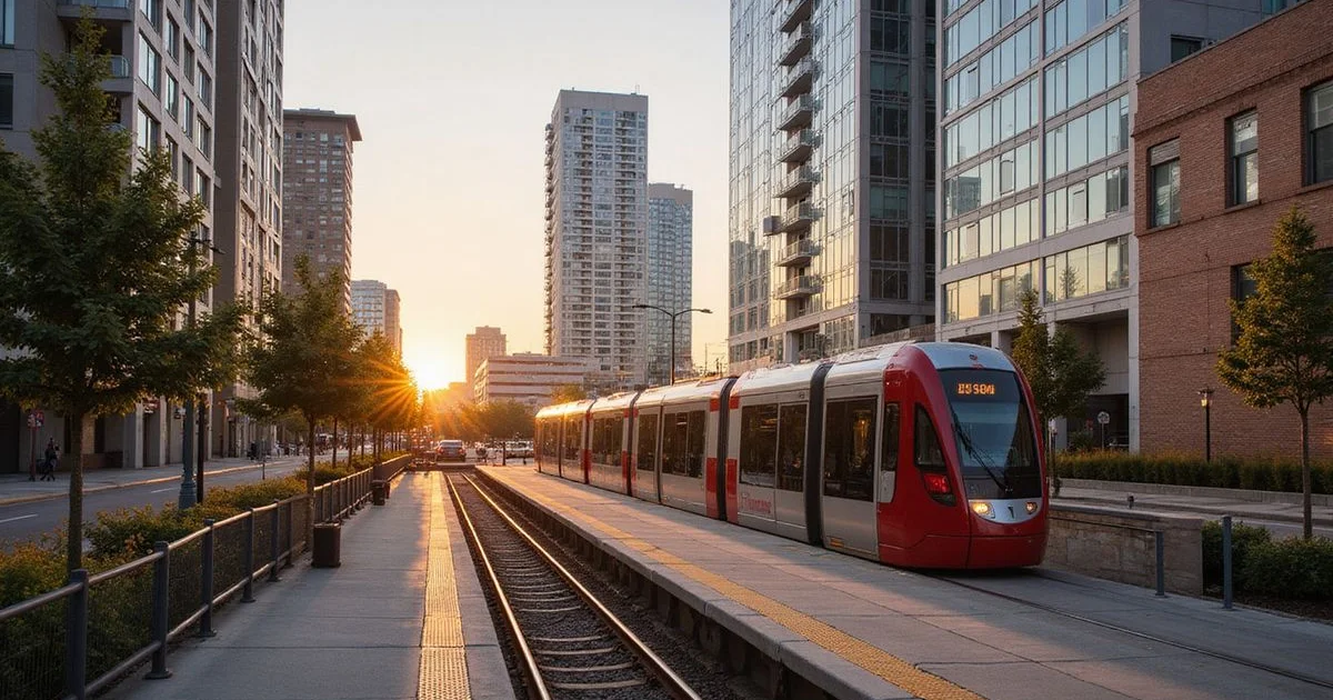 Red Line rail platform in Midtown Houston with residential towers behind, golden hour