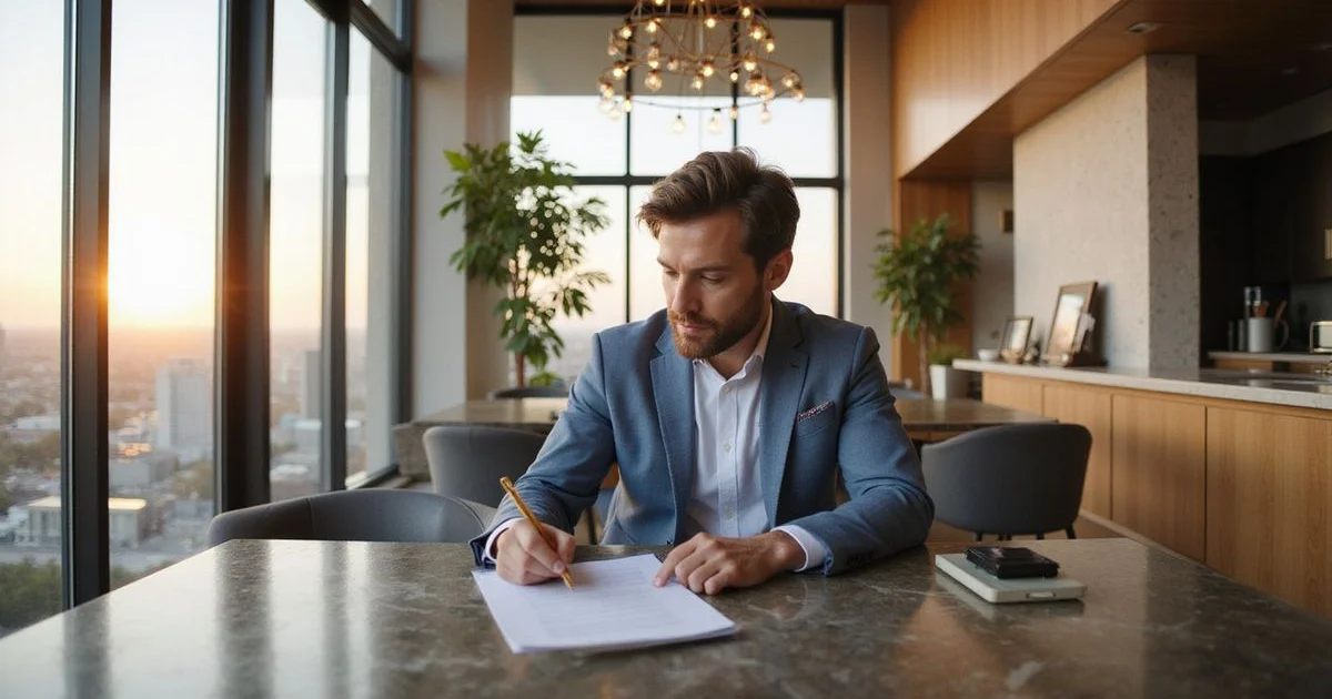 Renter reviewing documents at a desk by floor-to-ceiling windows in a Houston high rise, warm light
