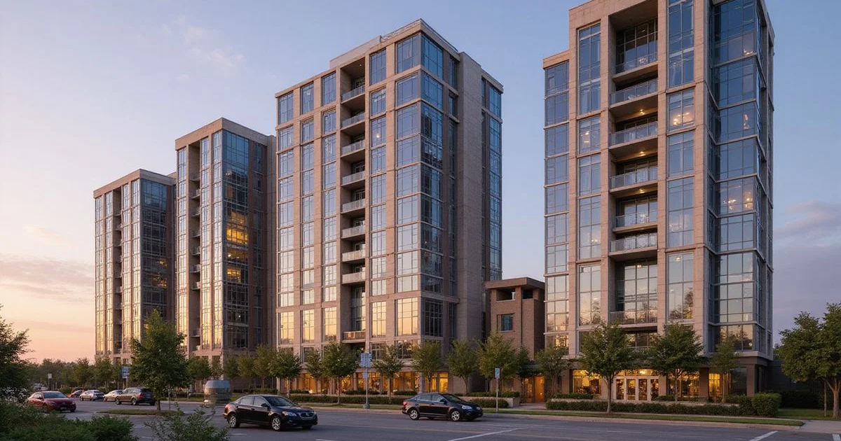 Row of distinctive Houston residential towers at golden hour, architectural wide angle