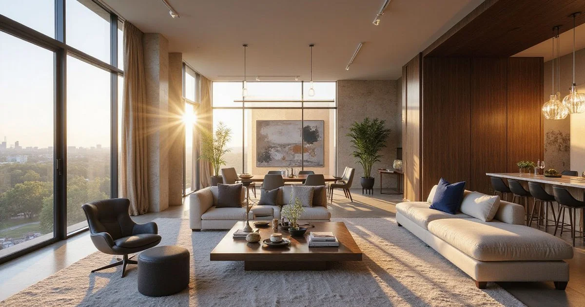 Spacious two-bedroom high rise living room with art and park view, golden-hour light
