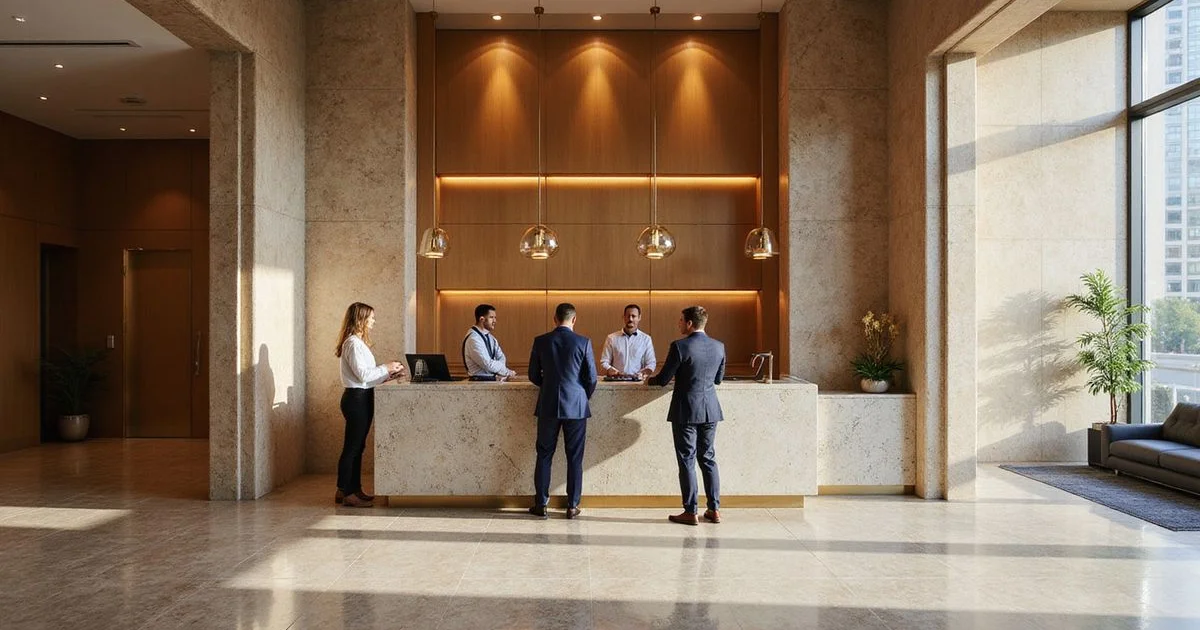 Staffed concierge desk in a Houston high rise lobby with stone and warm wood, golden light