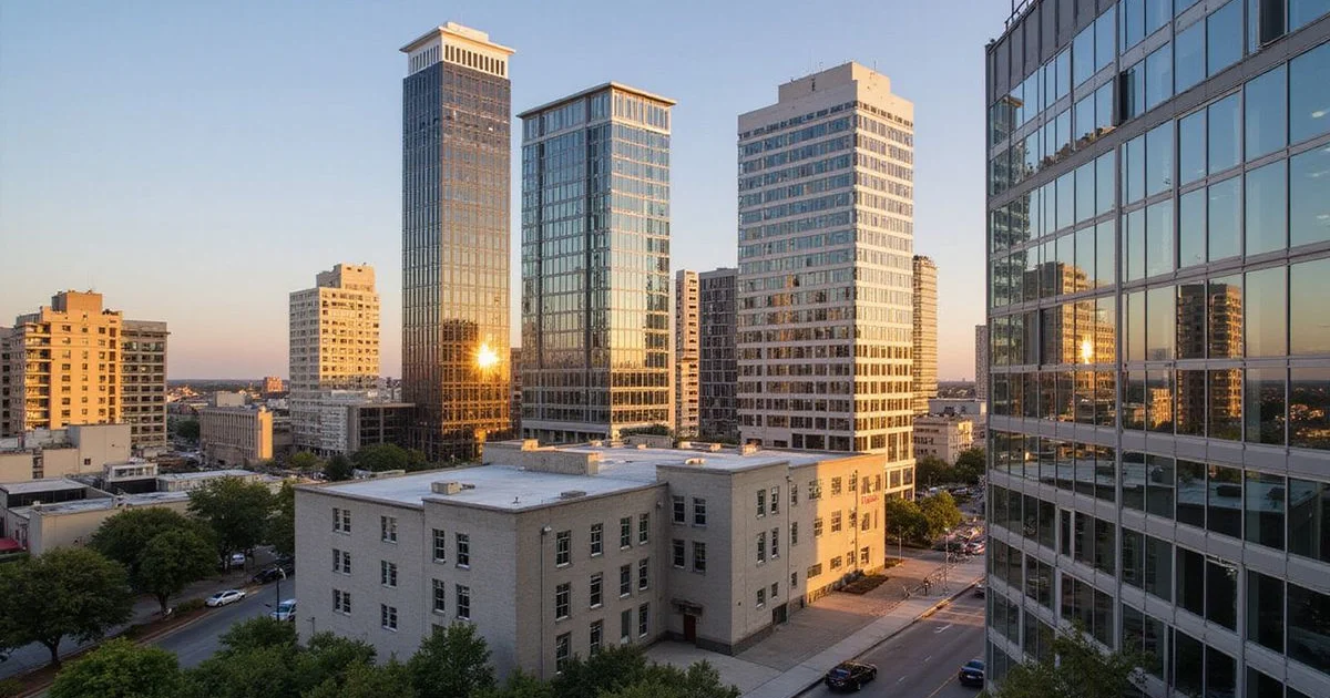 Texas Medical Center skyline at golden hour from a nearby residential high rise