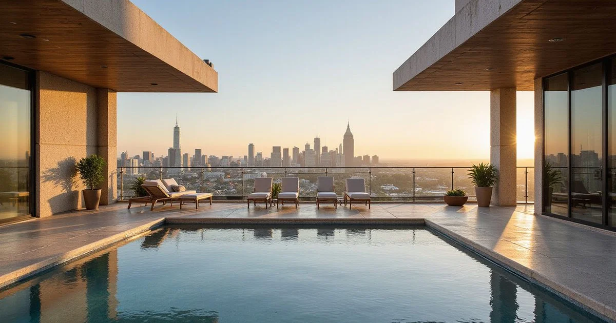 True rooftop pool on a Houston tower with skyline view at golden hour