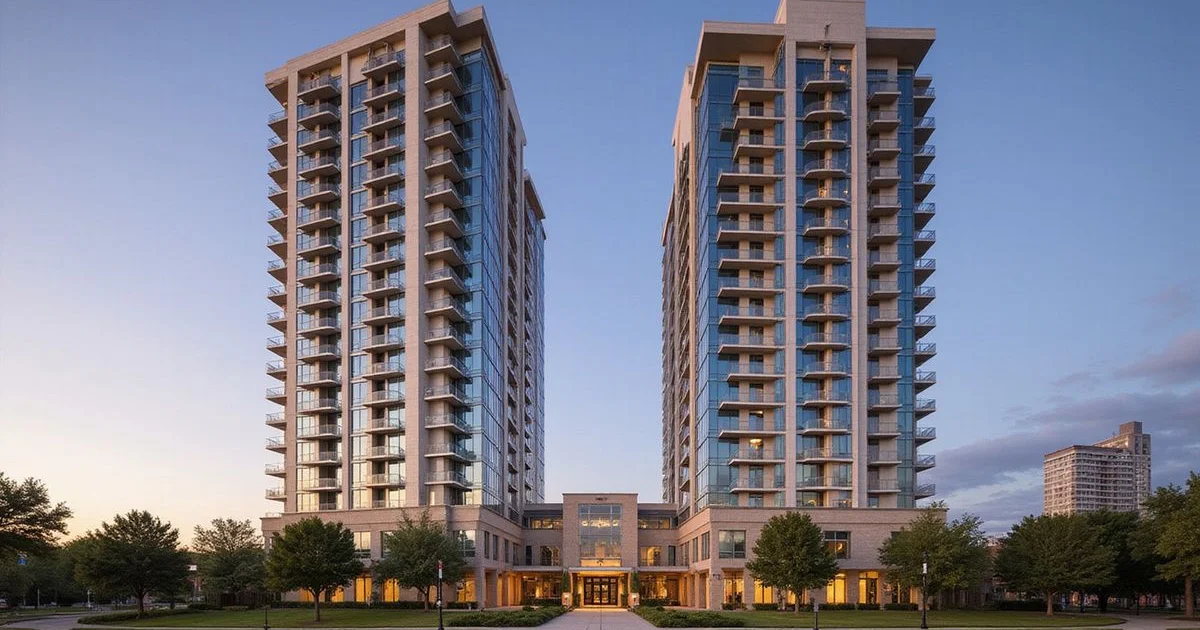Two Houston residential towers side by side at golden hour, architectural wide shot