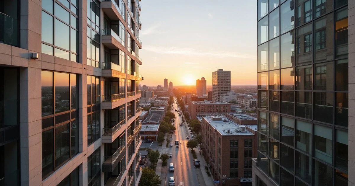 View from a high floor of a Houston tower over the skyline at golden hour