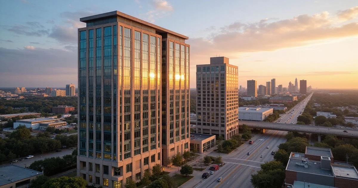 West Houston skyline along I-10 at golden hour from a residential high rise