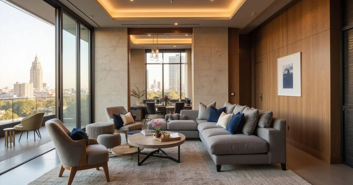 Young professional's first high rise studio with skyline view and minimal furniture, golden light
