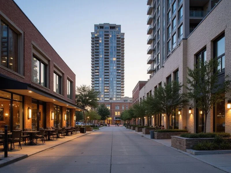 Walkable inner-loop Houston street with a residential tower behind