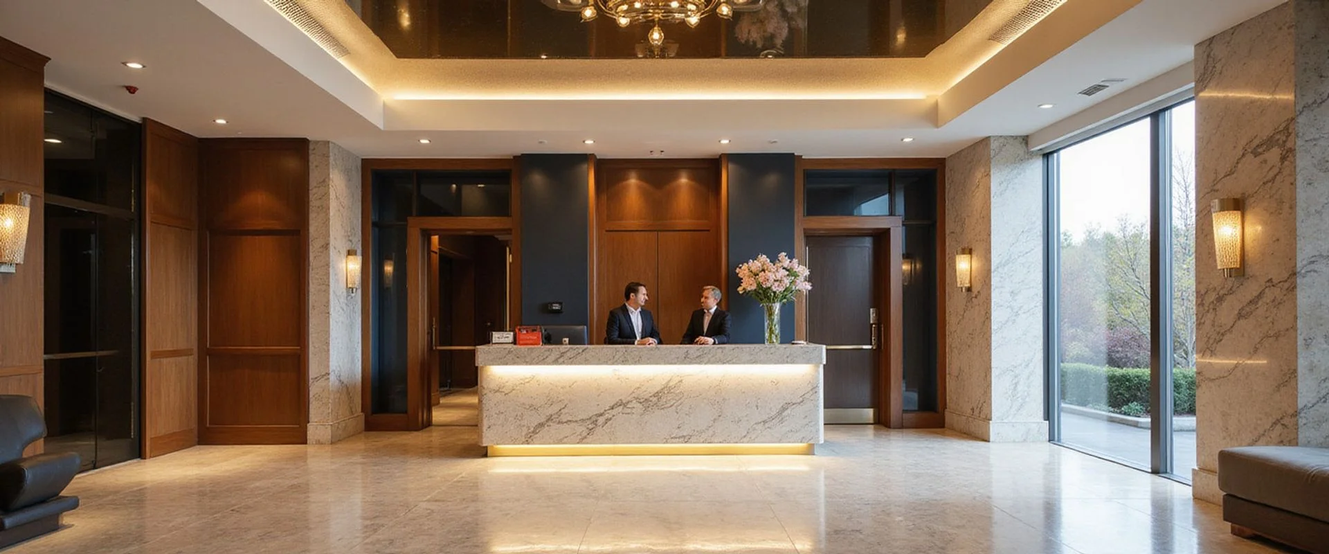 Concierge desk in a marble lobby of a River Oaks residential tower