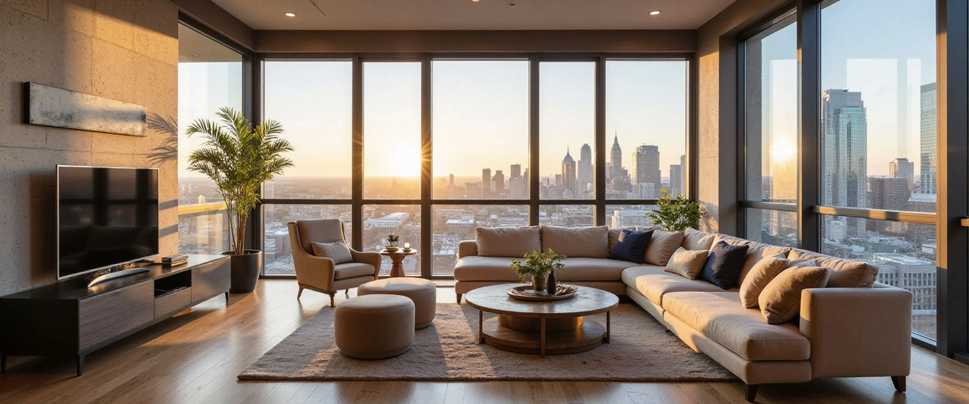 Corner unit with wrap-around windows facing the Downtown Houston skyline