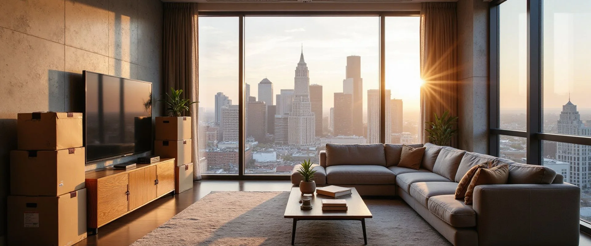 Houston high rise living room on move-in day with the Downtown skyline outside