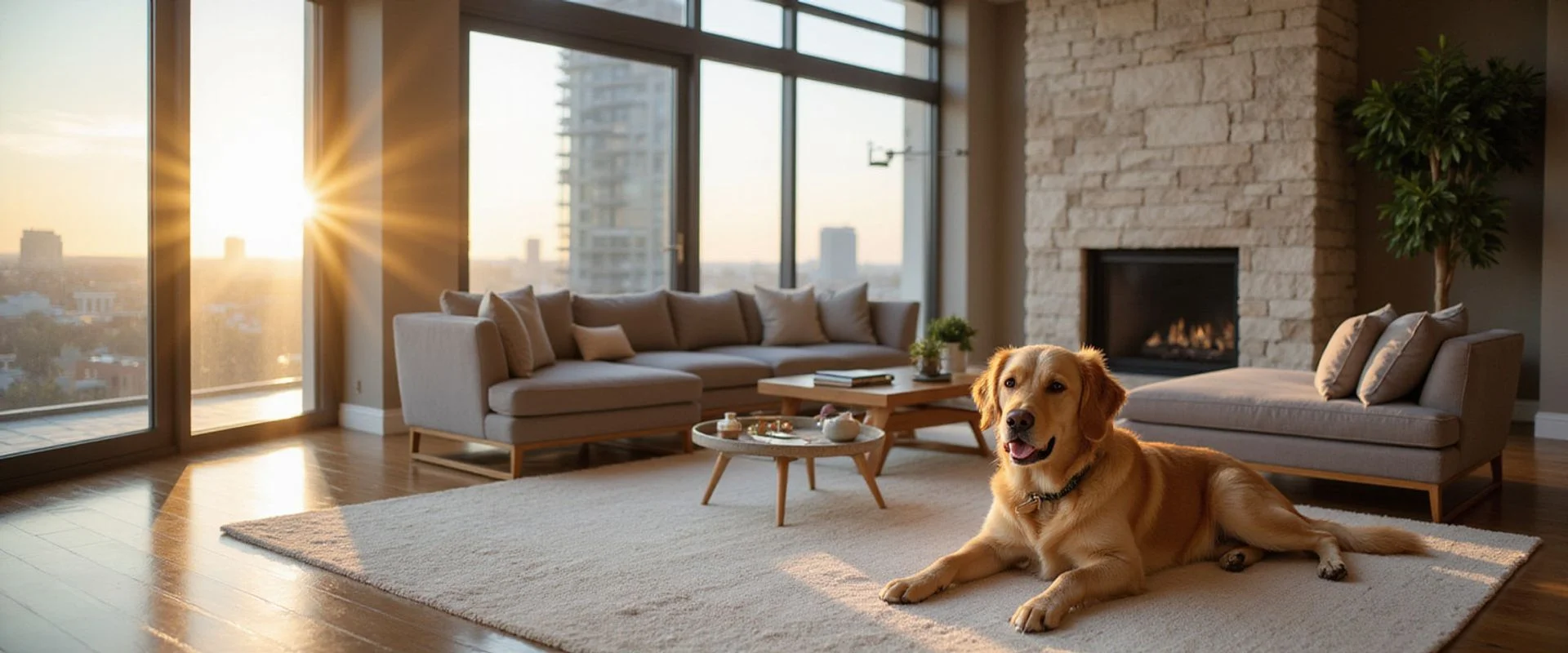 Dog resting in a Houston high rise living room at golden hour