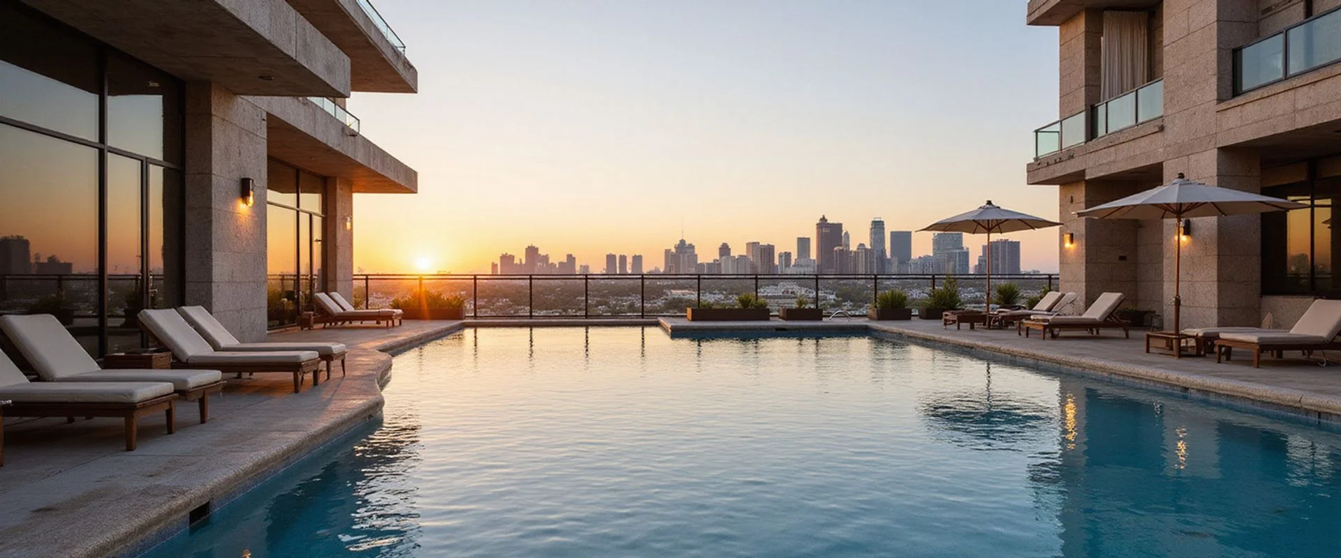 Rooftop pool with cabanas and the Downtown Houston skyline at golden hour