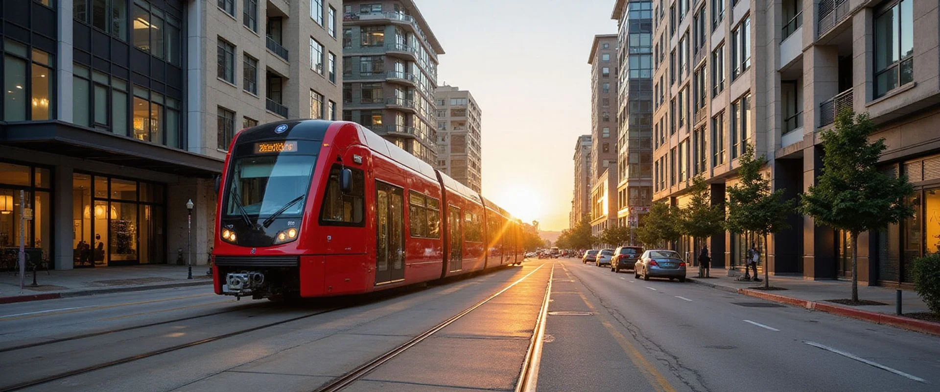 METRORail Red Line train passing residential towers on Main Street at golden hour