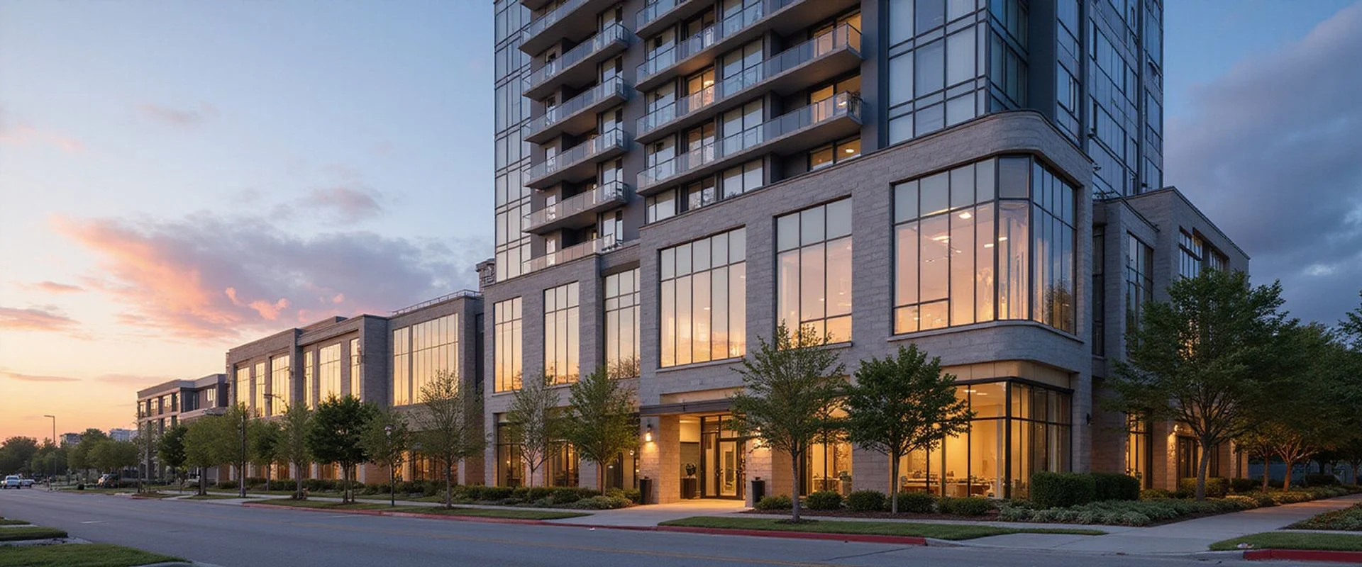 Newly completed Houston residential tower at golden hour