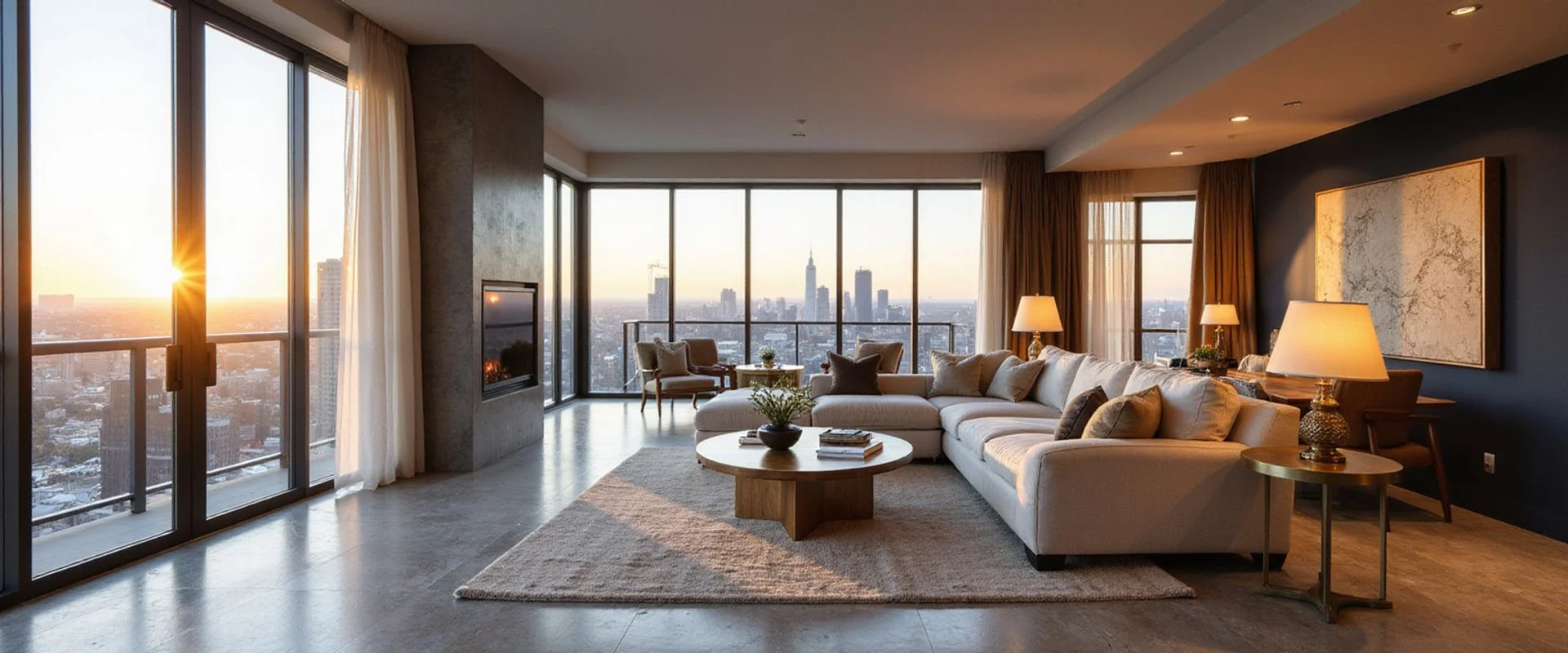 Penthouse living room with floor-to-ceiling glass and the Houston skyline at golden hour