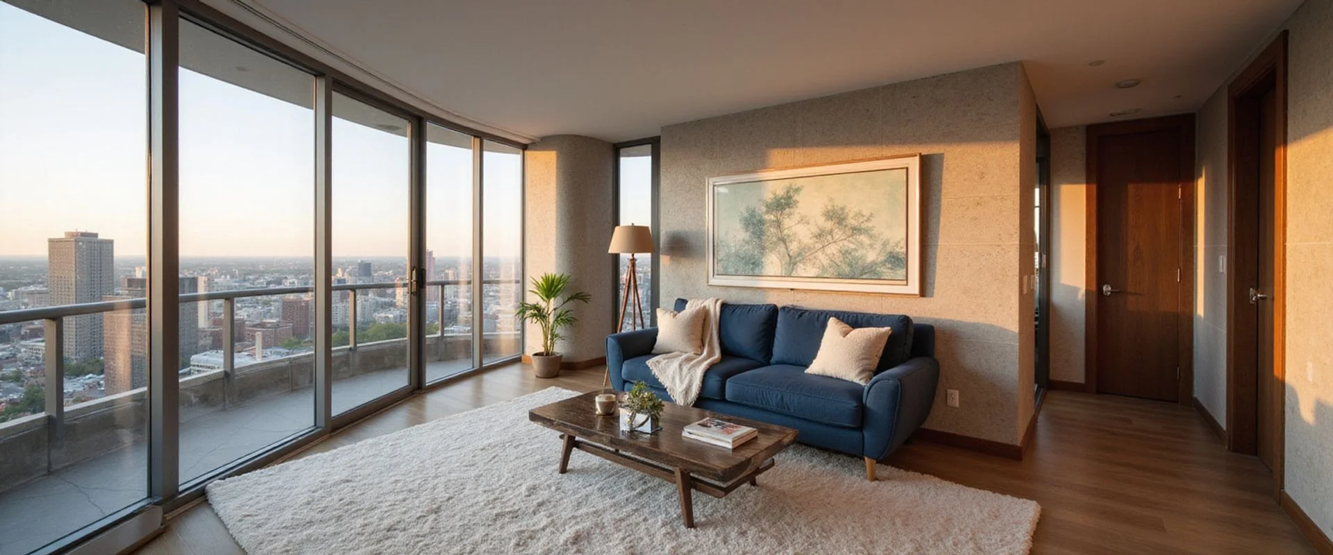 Furnished one-bedroom in a Downtown Houston high rise at golden hour