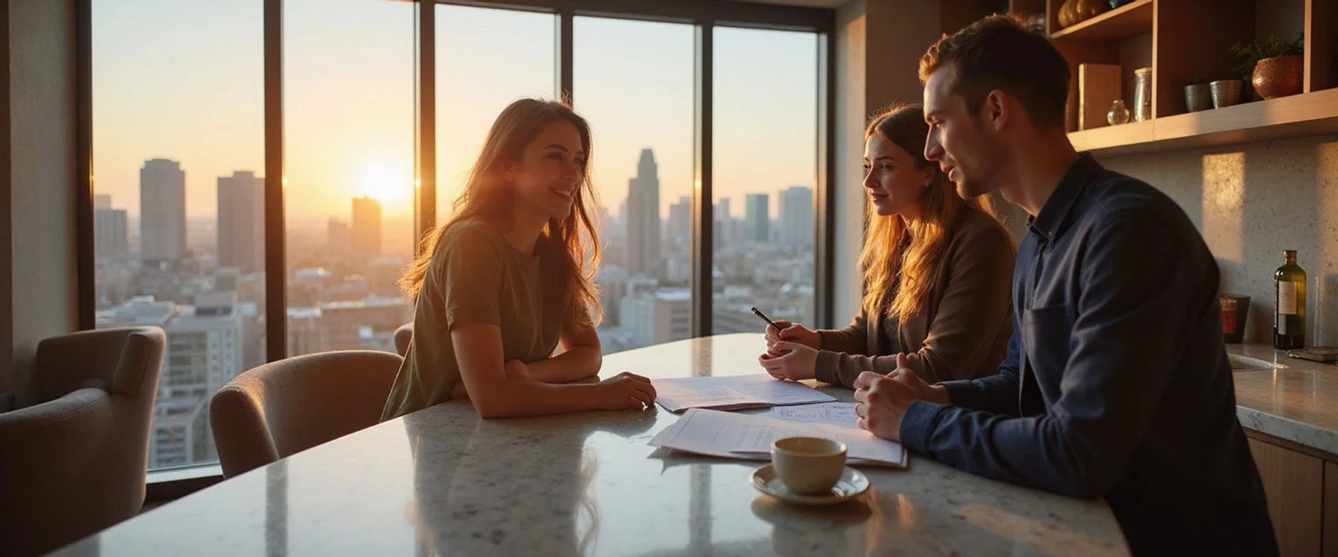 Renter reviewing approval paperwork in a Houston high rise kitchen at golden hour