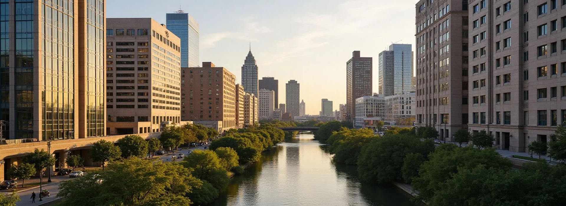 Aerial view of the Houston skyline from Buffalo Bayou at golden hour