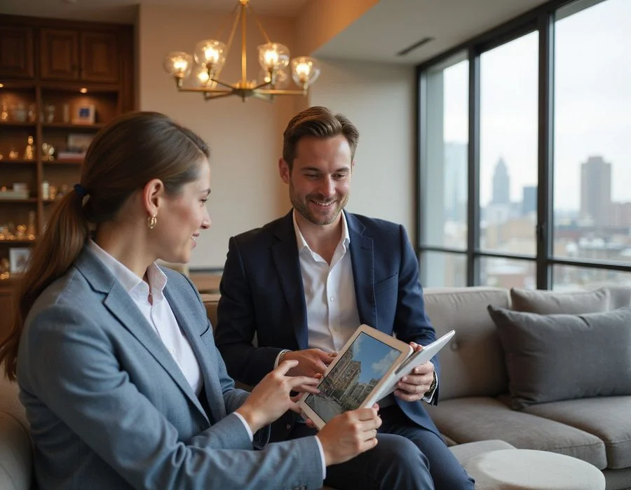 Locator reviewing a building comparison with a renter in a high rise lounge