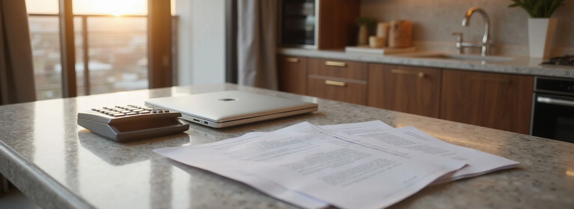 Calculator and lease papers on a marble kitchen island