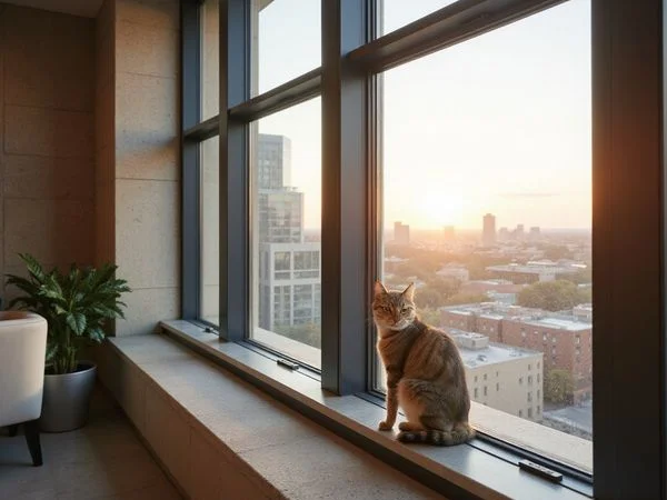 Cat on a high rise windowsill