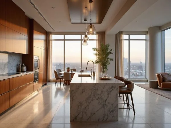 Chef's kitchen with marble island in a luxury high rise unit