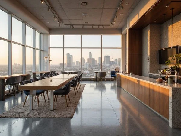 Coworking lounge on a high rise amenity floor