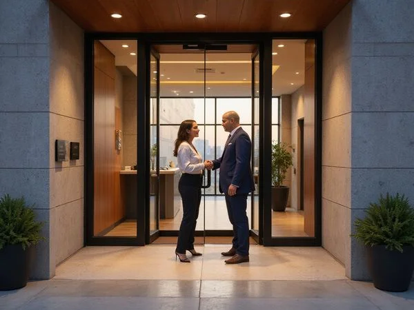 Doorman greeting a resident at a tower entry