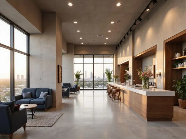 Leasing lounge in a newly opened Houston high rise