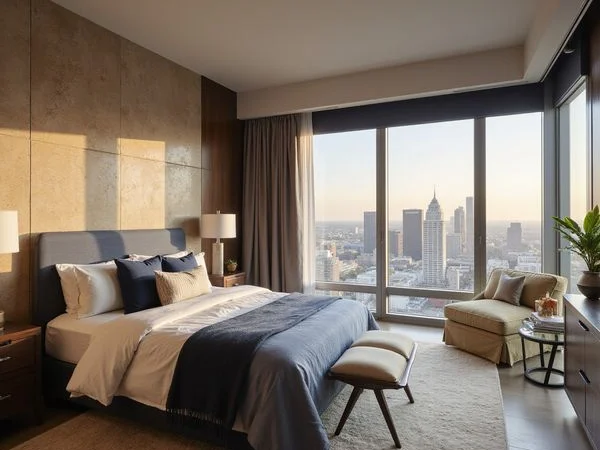 Furnished bedroom in a short-term unit