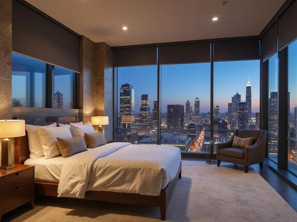 Galleria skyline at night from a high-floor bedroom